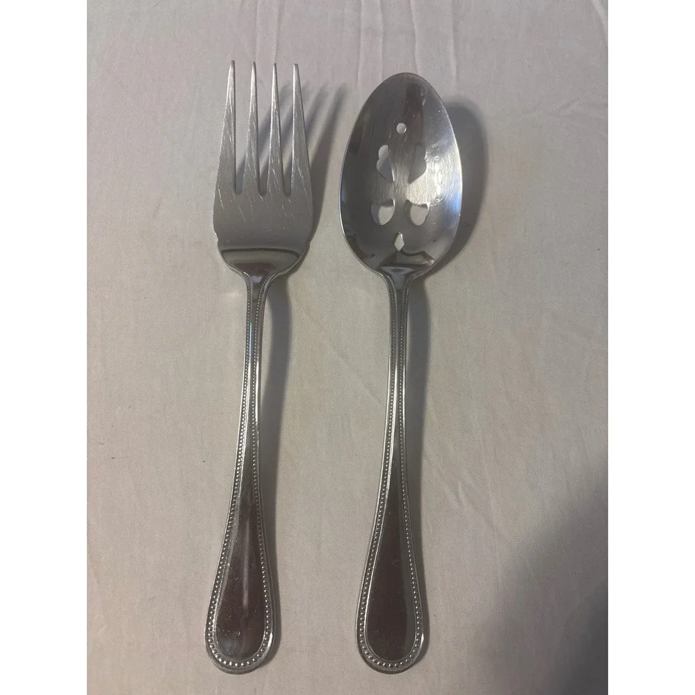Wallace Serving Set Unisex OS Silver Good 18/10 Stainless Beaded 2pc Fork Spoon